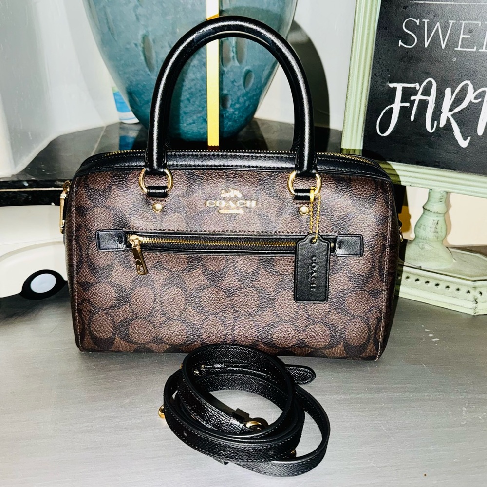 Coach Rowan Signature Canvas & Leather Satchel 2022 #F83607 Black, Brown & Gold - Picture 2 of 16